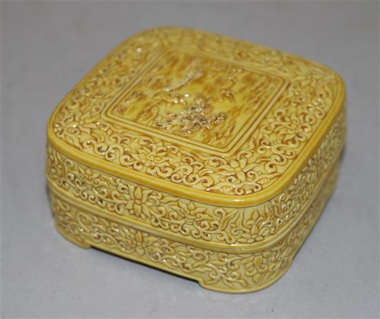 A Chinese moulded and yellow glazed box and cover, Qianlong mark, probably Republic period, 6.7cm